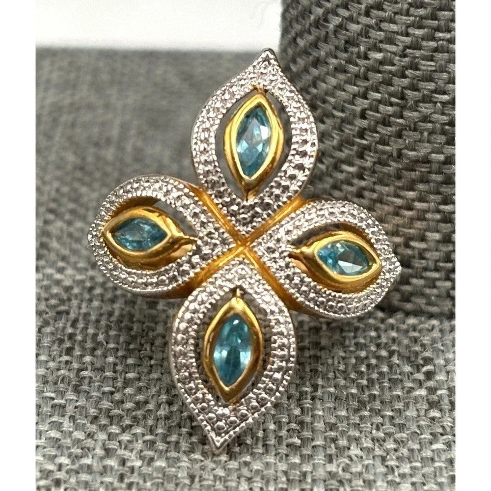 Gorgeous Blue Stone Marquise Cross Statement Ring Gold Tone Size 6